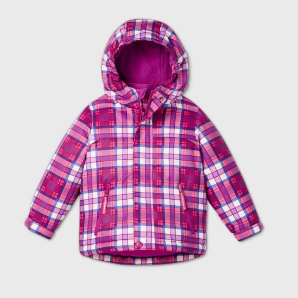 Cat & Jack Toddler Girls' Pink/White Plaid 3-in-1 Zip Winter Jacket 12 Months